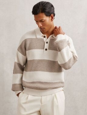 Reiss Men's XXL Waffle-Knit Stripe Half-Button Jumper with Wool Off White/Putty